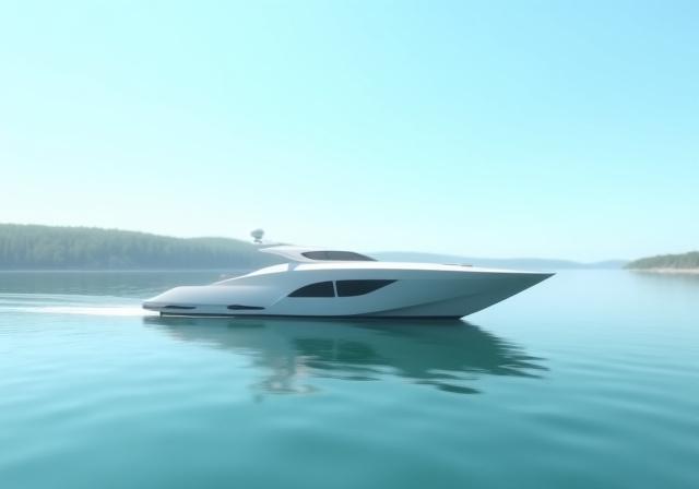 Die moderne Elektro-Yacht 'Silent Fjord' auf dem ruhigen Wasser des Sees.
