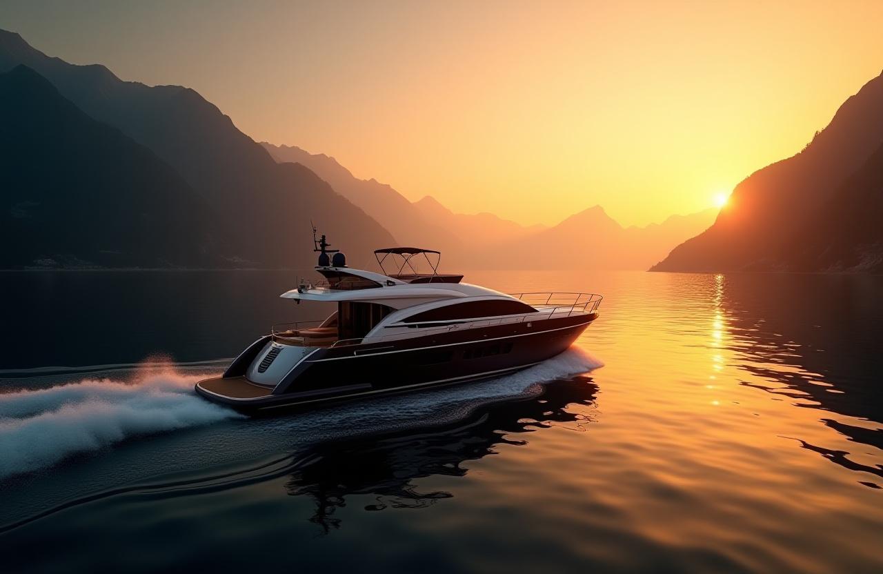 Eine luxuriöse Yacht gleitet bei Sonnenuntergang über den Hallstätter See mit Blick auf die Berge.